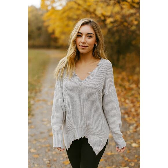 YFB Clothing Gray Distressed V-Neck Oversized Sweater M/L - Picture 1 of 5